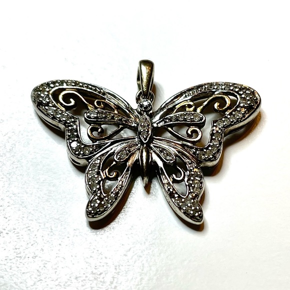 Silver 925 Butterfly Charm with CZ stones approx 1-inch by 3/4 inch - Picture 2 of 6